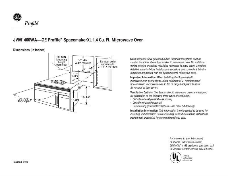 Page 1 de la notice Fiche technique GE JVM1460WA