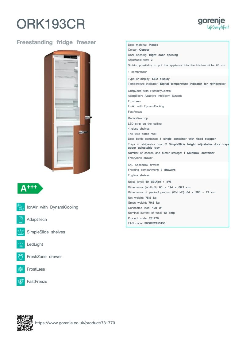 Page n°1 - Fiche technique Gorenje ORK193CR
