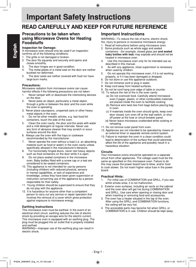 Page n°1 - Manuel utilisateur Panasonic NN-GT370M