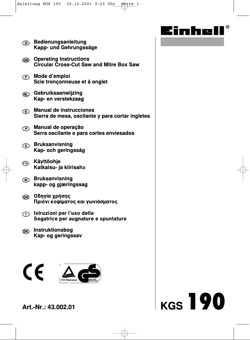 Page 1 de la notice Manuel utilisateur Einhell KGS 190
