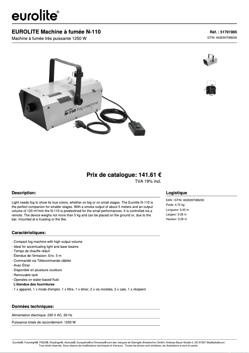 Page 1 de la notice Fiche technique Eurolite N-110