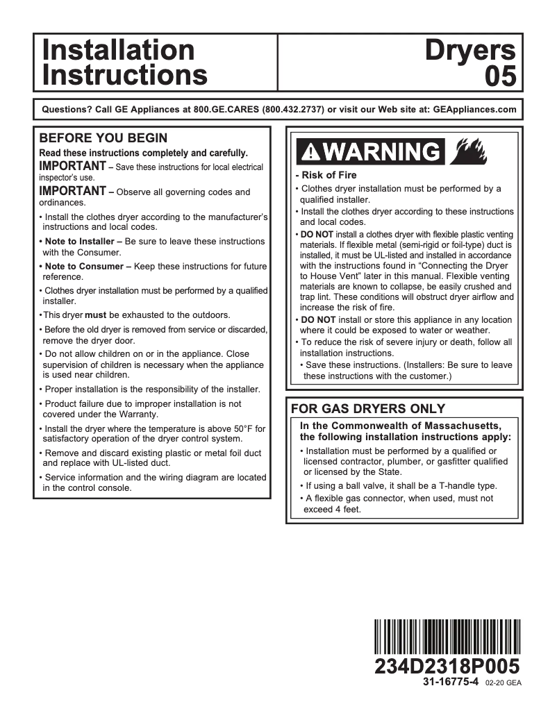 Page n°1 - Guide d'installation GE GTX65GBSJWS