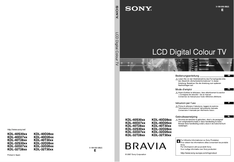 Page 1 de la notice Manuel utilisateur Sony Bravia KDL-40S3010