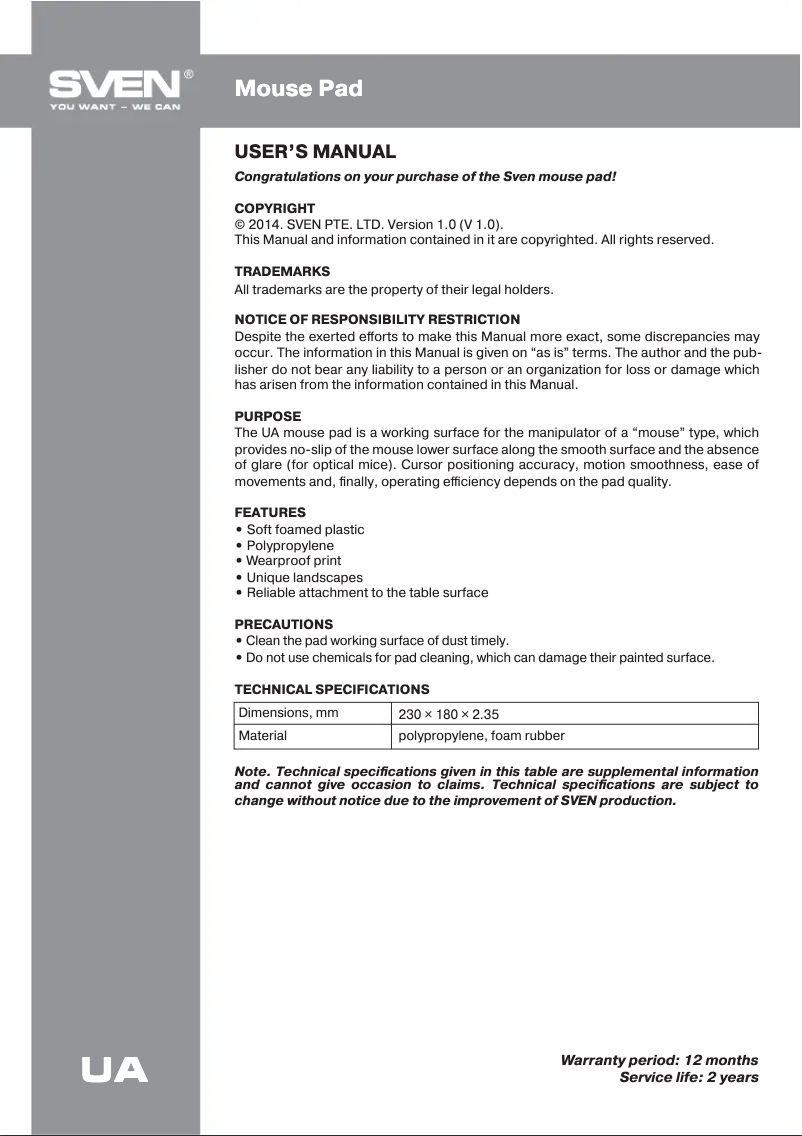 Page n°1 - Manuel utilisateur Sven UA