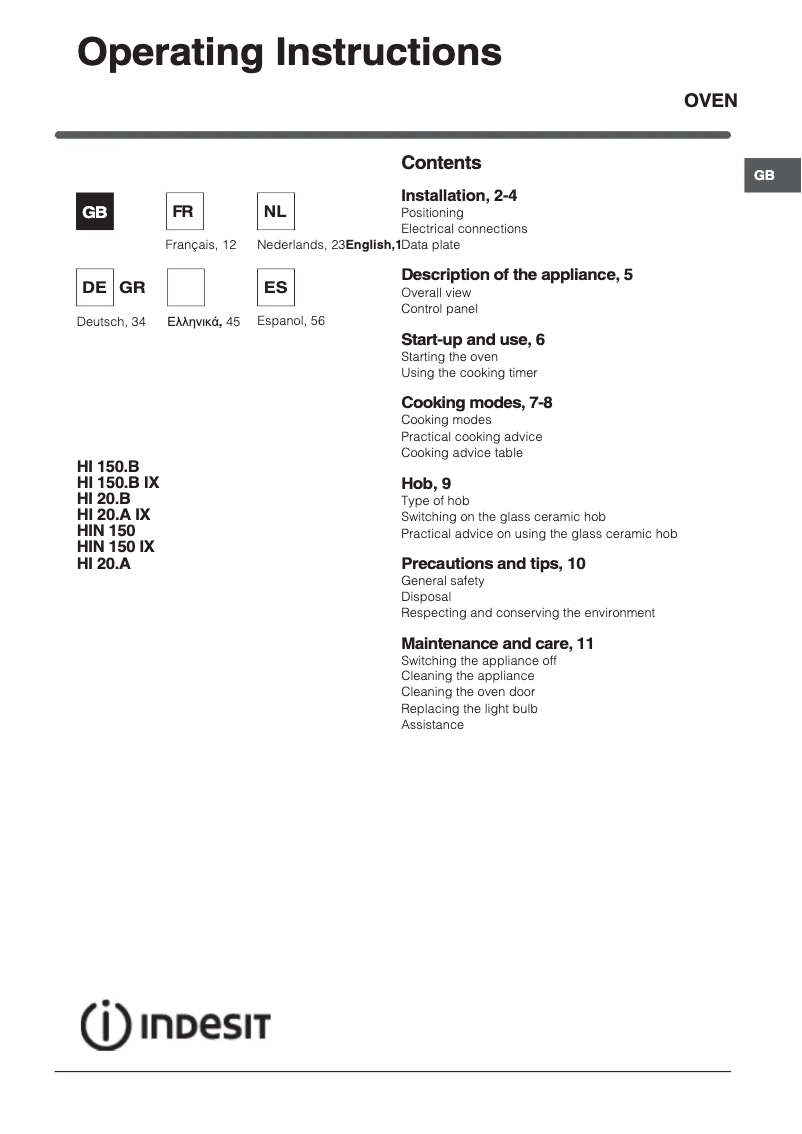 Page 1 de la notice Manuel utilisateur Indesit HI 150.B IX