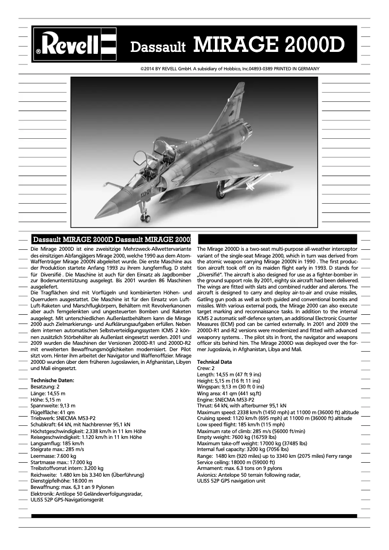 Page 1 de la notice Manuel utilisateur Revell Dassault MIRAGE 2000D