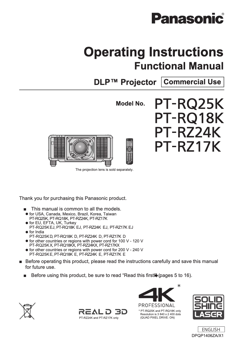 Page n°1 - Manuel utilisateur Panasonic PT-RQ18K