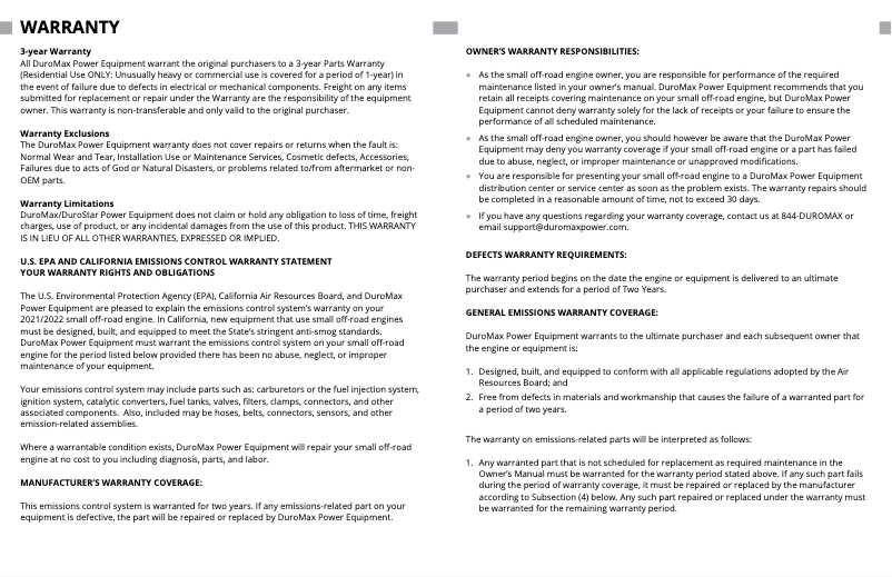 Page n°1 - Informations de garantie DuroMax XP904WX