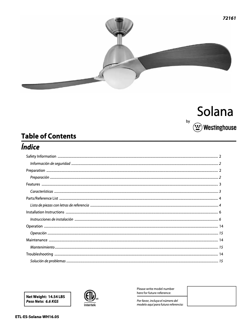 Page n°1 - Manuel utilisateur Westinghouse Solana