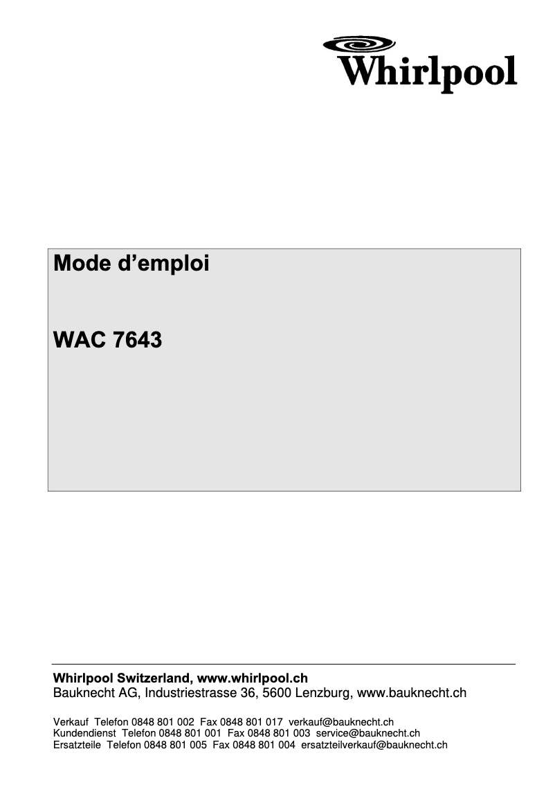Page 1 de la notice Manuel utilisateur Whirlpool WAC 7643