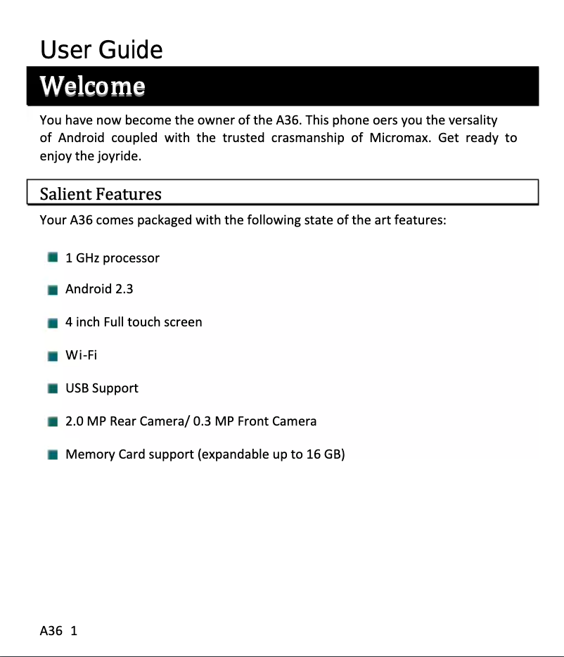 Page 1 de la notice Manuel utilisateur Micromax Bolt A36