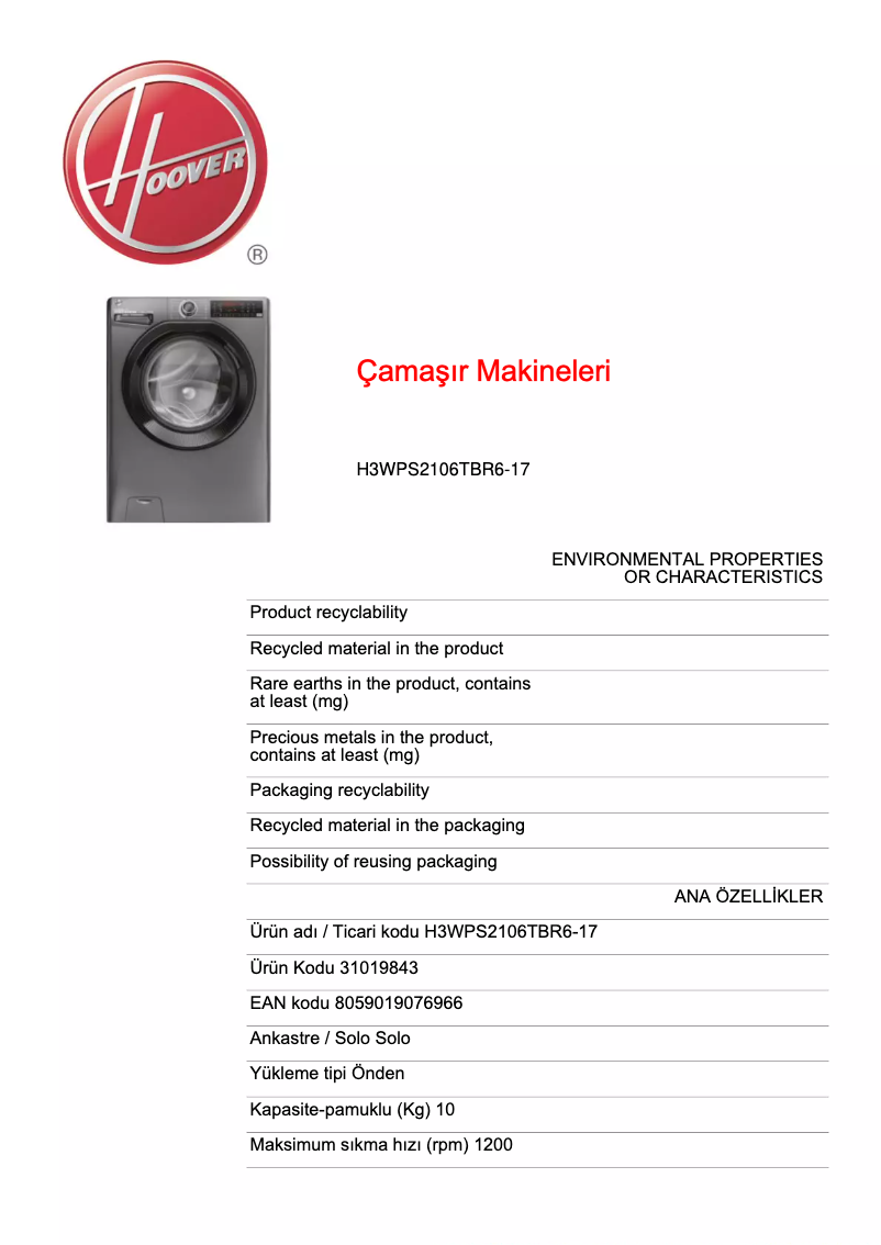 Page 1 de la notice Fiche technique Hoover H3WPS2106TBR6-17