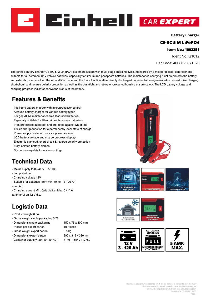 Page n°1 - Fiche technique Einhell CE-BC 5 M LiFePO4