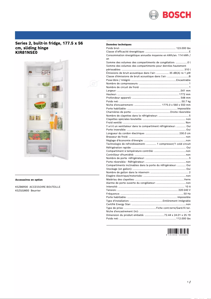 Page 1 de la notice Fiche technique Bosch KIR81NSE0