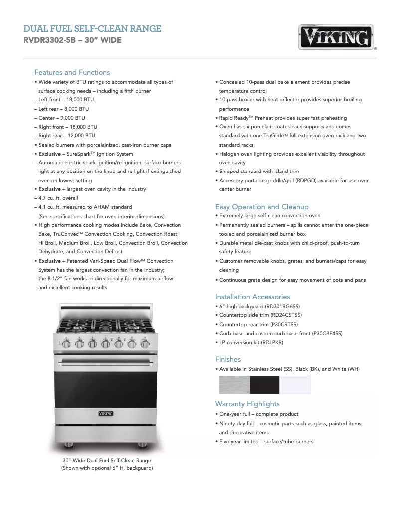Page 1 de la notice Fiche technique Viking RVDR33025BSSLP