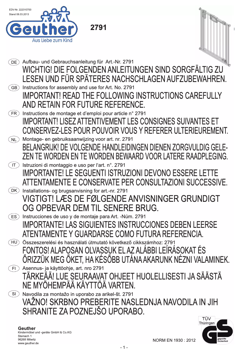 Page 1 de la notice Manuel utilisateur Geuther Easylock Wood 2791