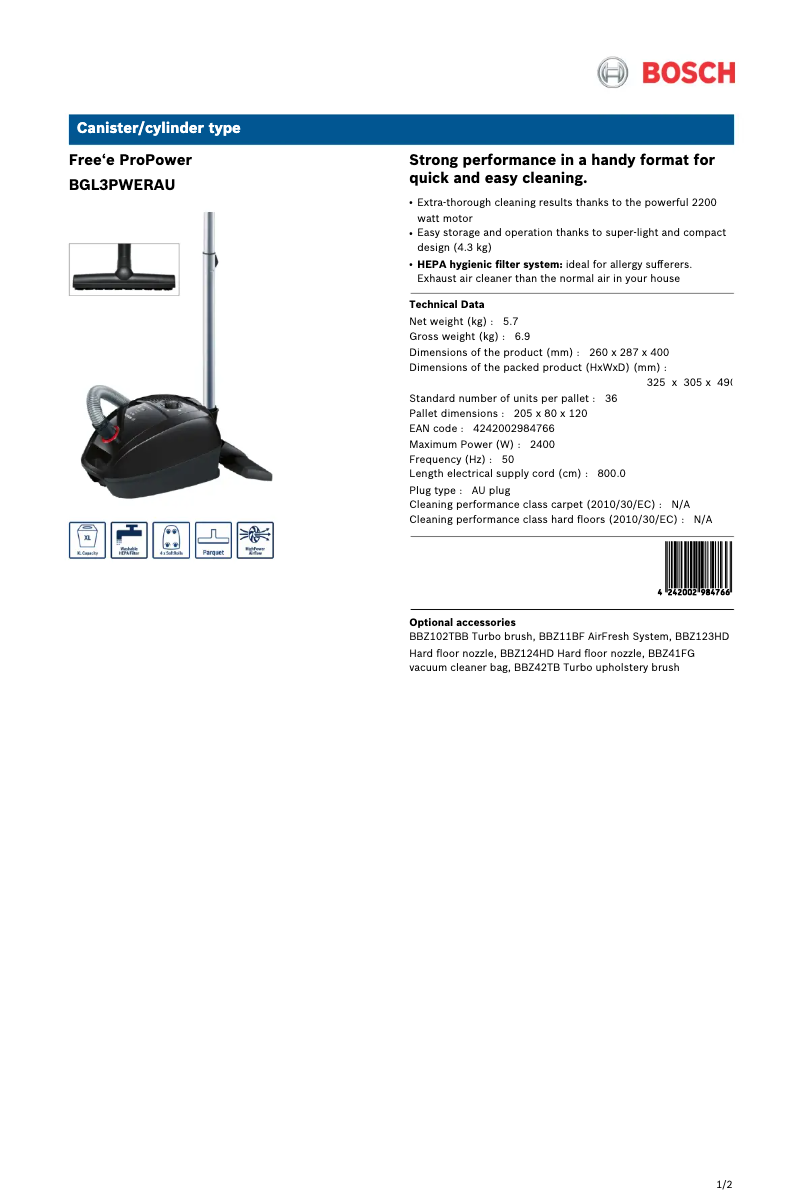 Page 1 de la notice Fiche technique Bosch Free'e ProPower BGL3PWERAU