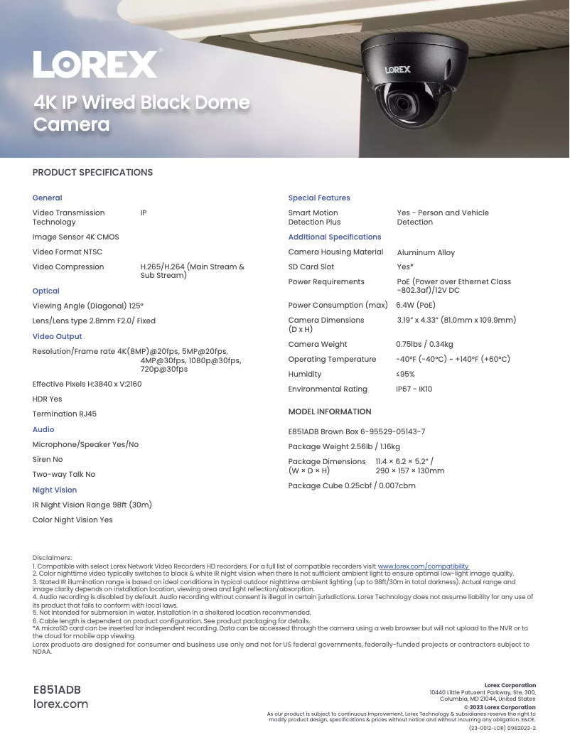 Page 1 de la notice Fiche technique Lorex E851ADB