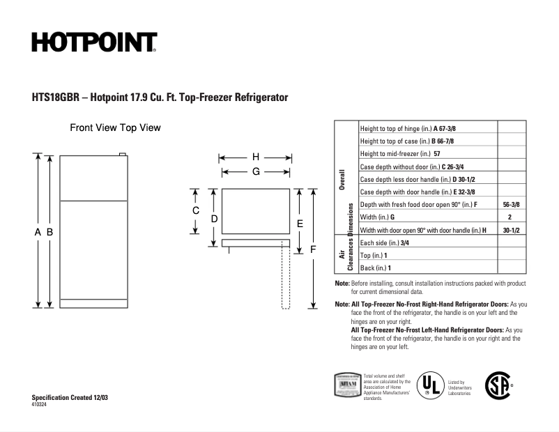 Page 1 de la notice Fiche technique Hotpoint HTS18GBRWW