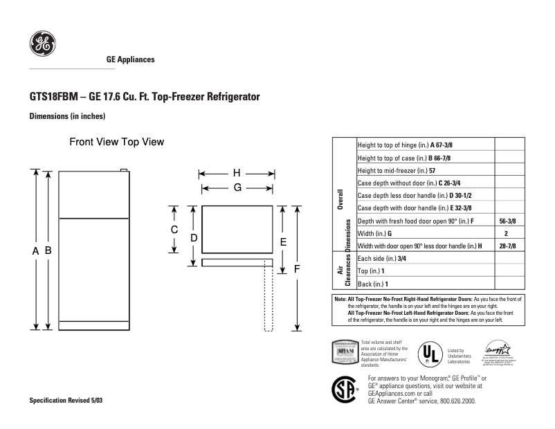 Page n°1 - Fiche technique GE GTS18FBMCC