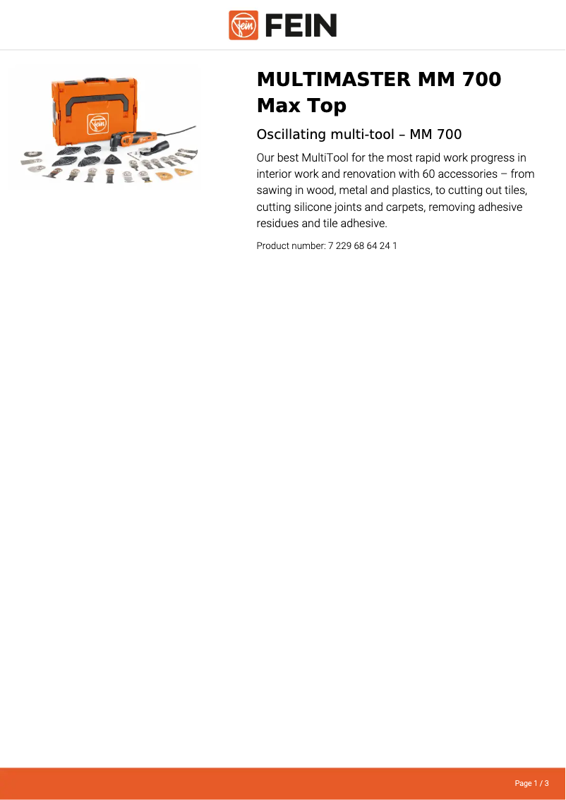 Página 1 del manual Ficha técnica Fein Multimaster MM 700 Max Top