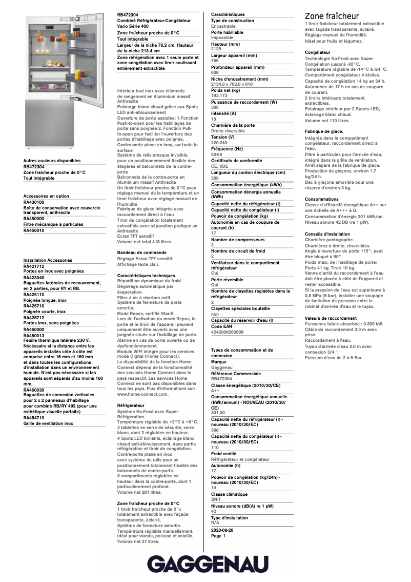 Page 1 de la notice Fiche technique Gaggenau RB472304