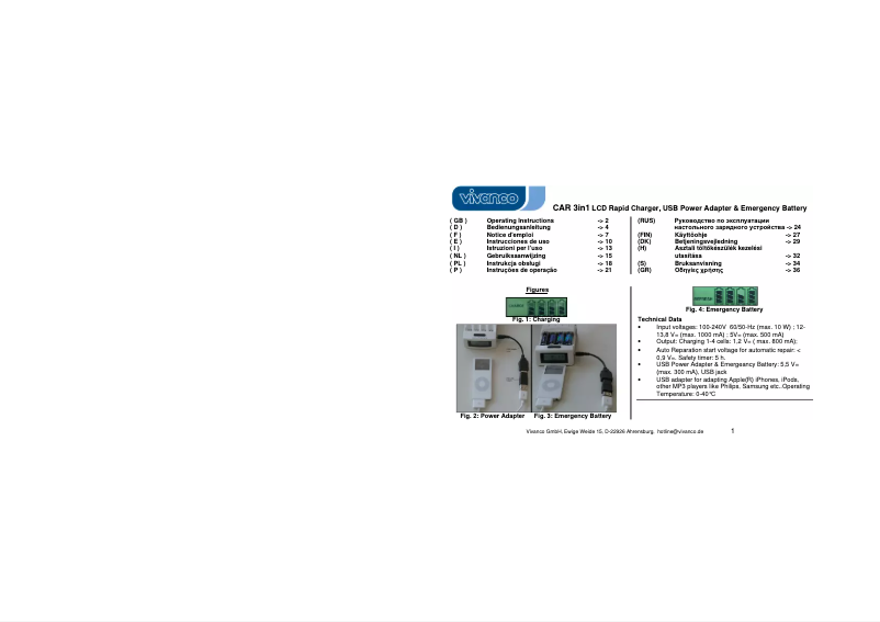 Página 1 del manual Manual de usuario Vivanco CAR 3 IN 1.4 LCD USB