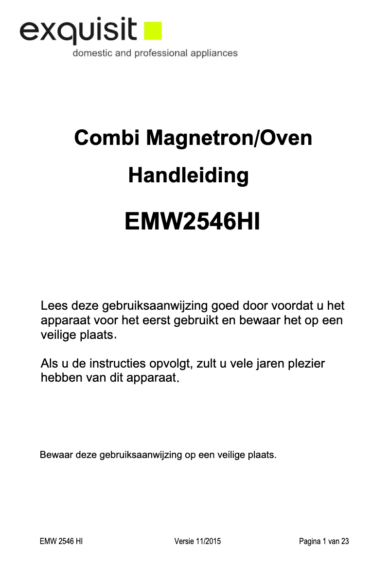 Page 1 de la notice Manuel utilisateur Exquisit EMW2546HI