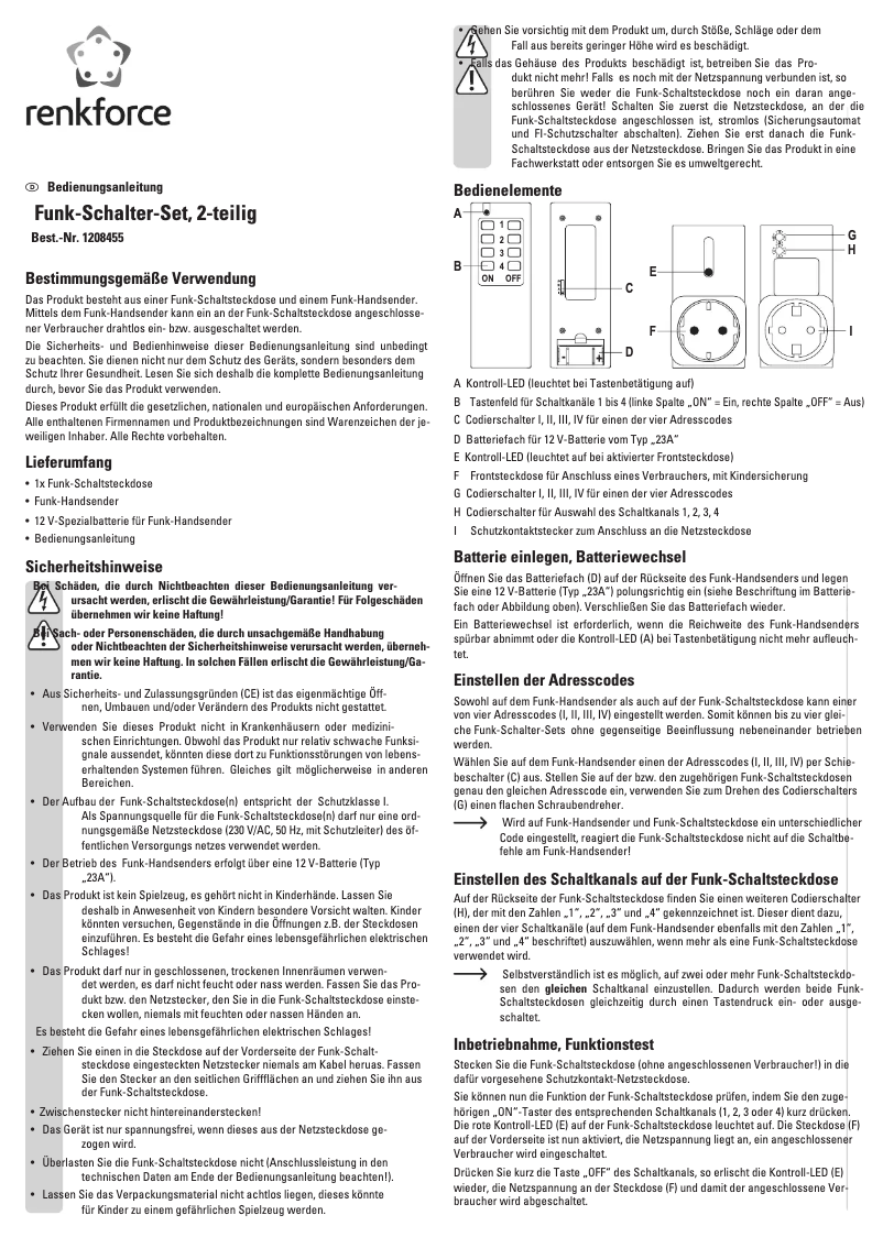Page 1 de la notice Manuel utilisateur Renkforce 1208455