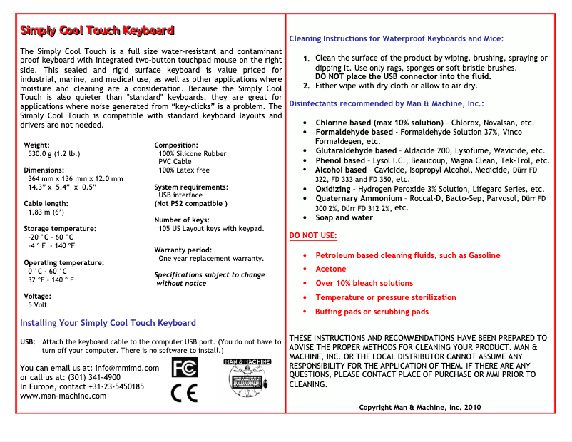 Page 1 de la notice Manuel utilisateur Man & Machine Simply Cool Touch