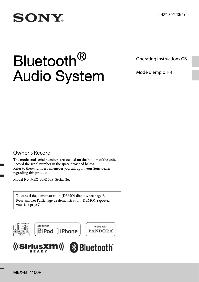 Page 1 de la notice Manuel utilisateur Sony MEX-BT4100P