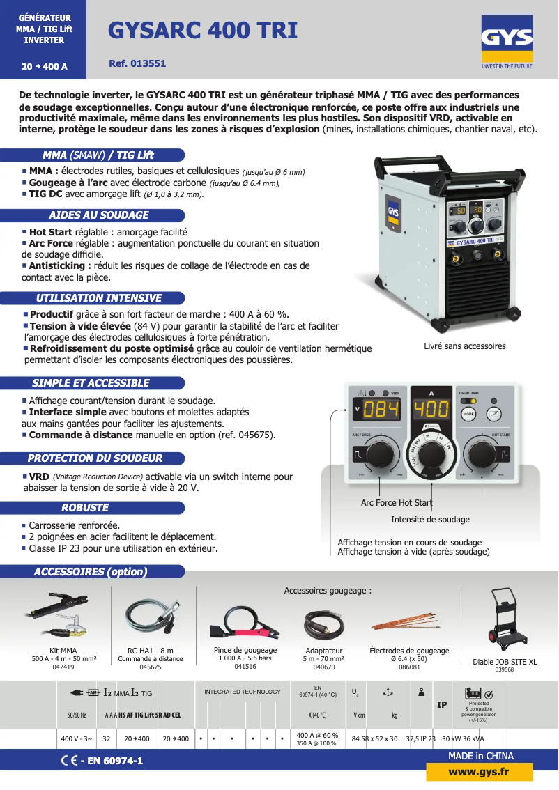 Page 1 de la notice Fiche technique GYS Gysarc 400 A TRI