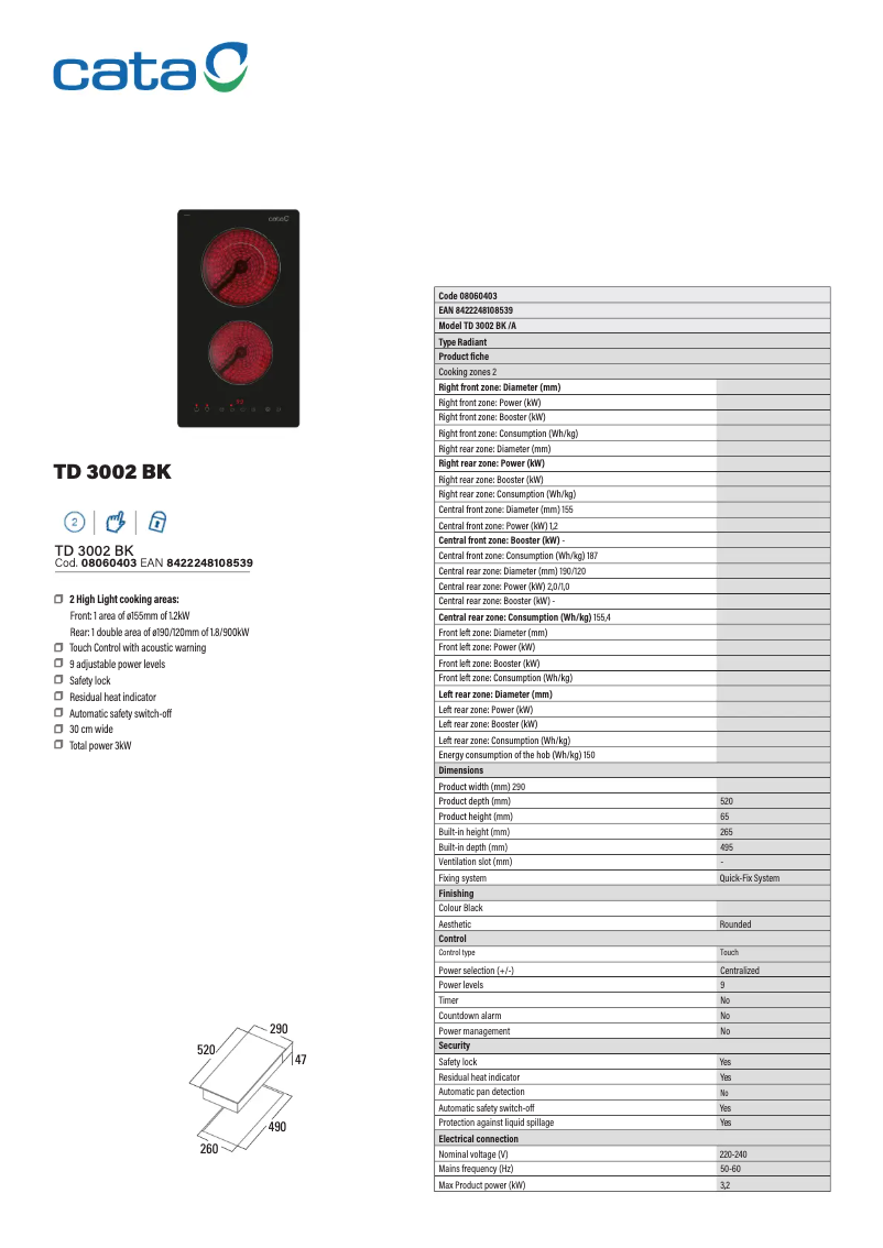 Page 1 de la notice Fiche technique CATA TD 3002 BK A