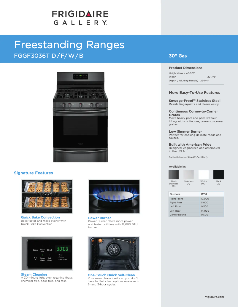 Página 1 del manual Ficha técnica Frigidaire FGGF3036TF