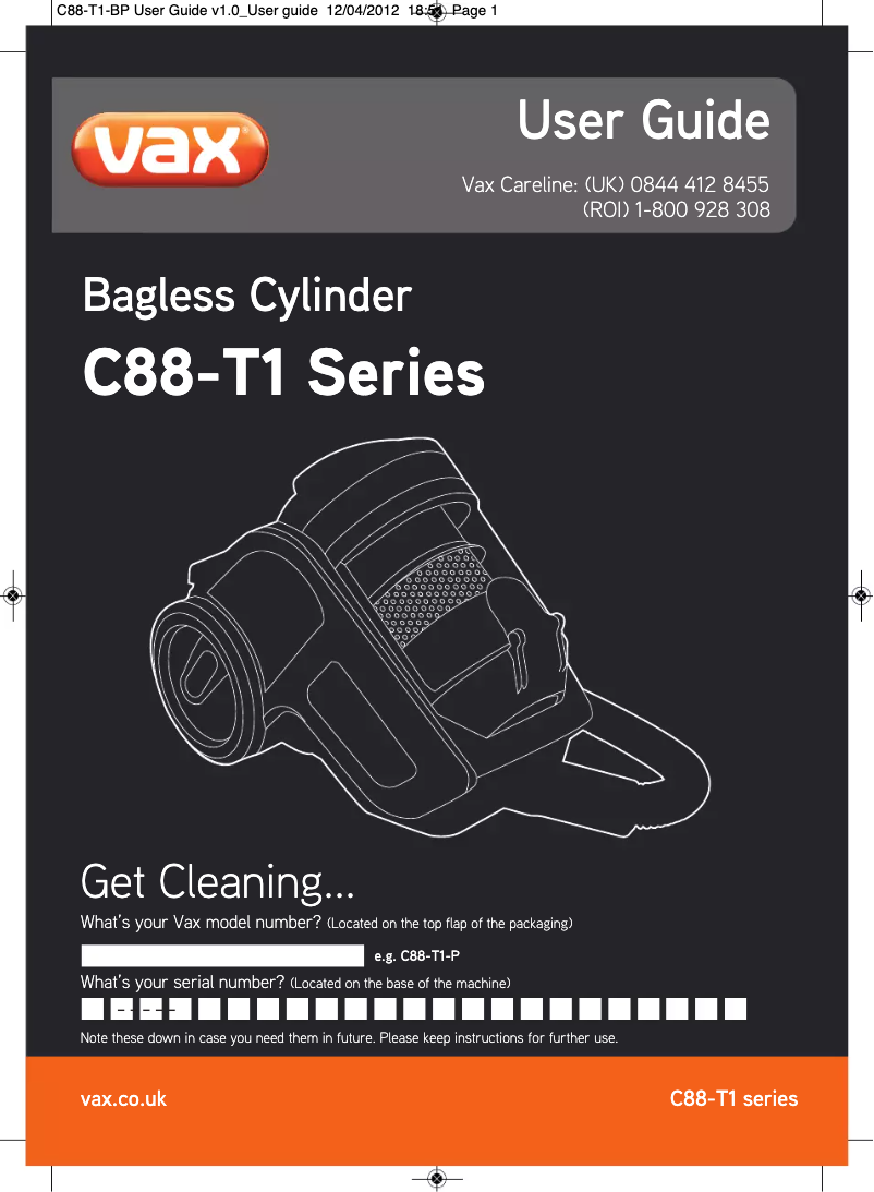 Page 1 de la notice Manuel utilisateur Vax C88-T1