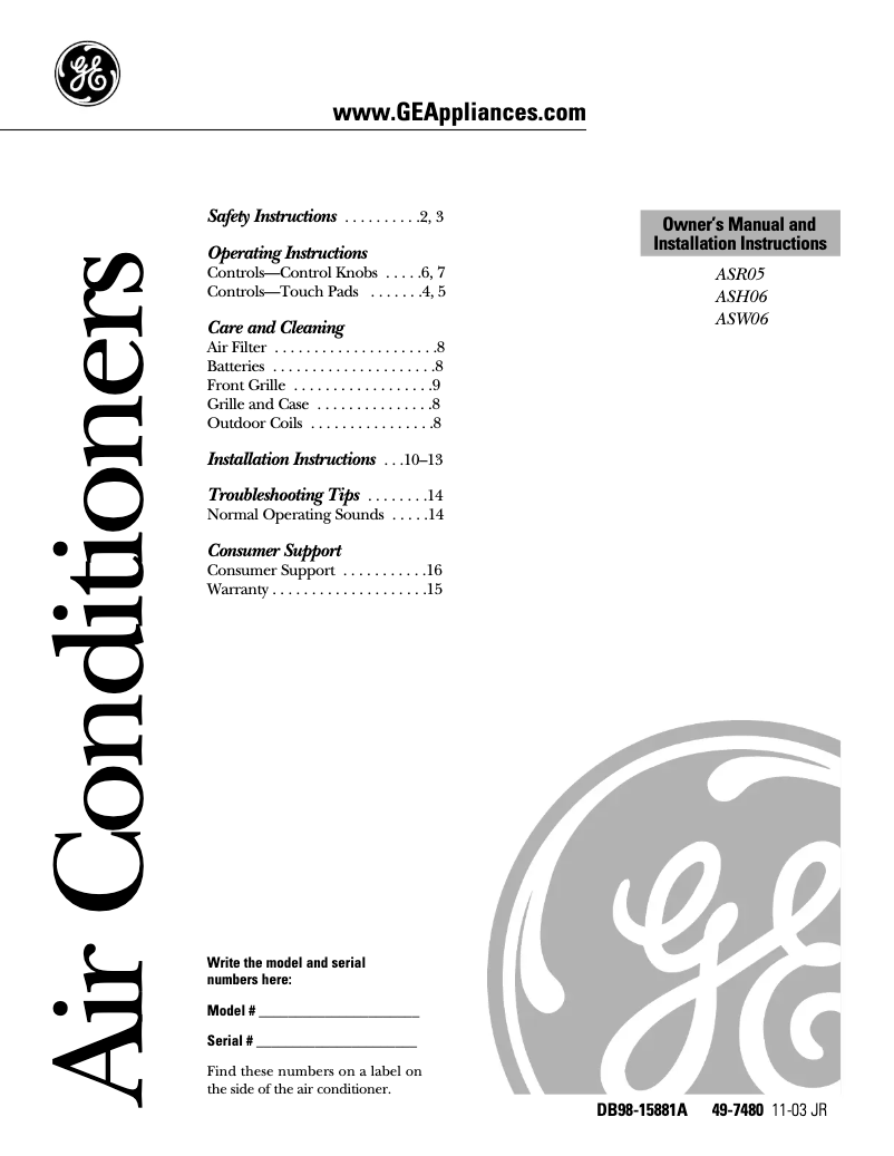 Página 1 del manual Manual de uso y mantenimiento GE ASW06LB