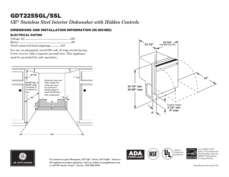 Page 1 de la notice Fiche technique GE GDT225SGLWW