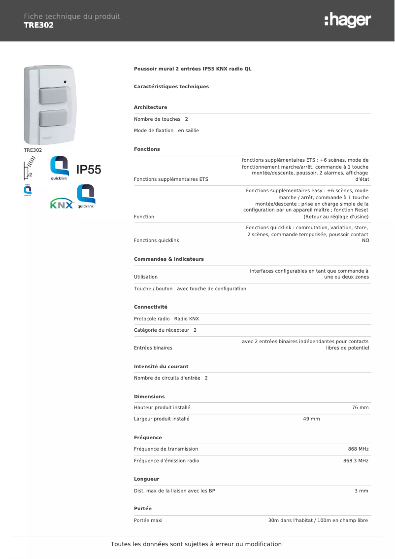 Page n°1 - Fiche technique Hager TRE302