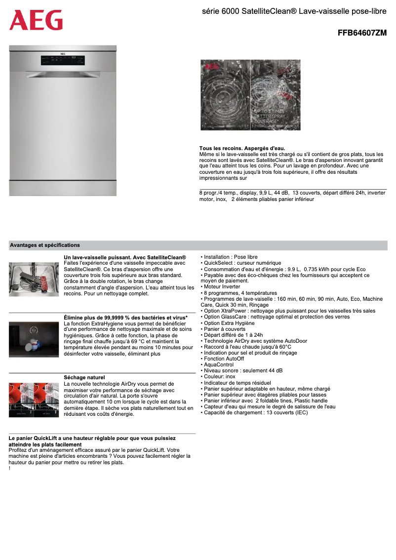 Page 1 de la notice Fiche technique AEG FFB64607ZM