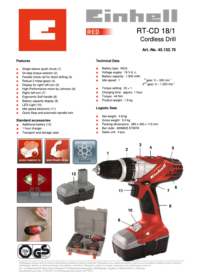Page n°1 - Fiche technique Einhell RT-CD 18/1