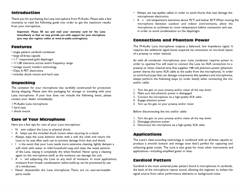 Page n°1 - Manuel utilisateur M-Audio Luna