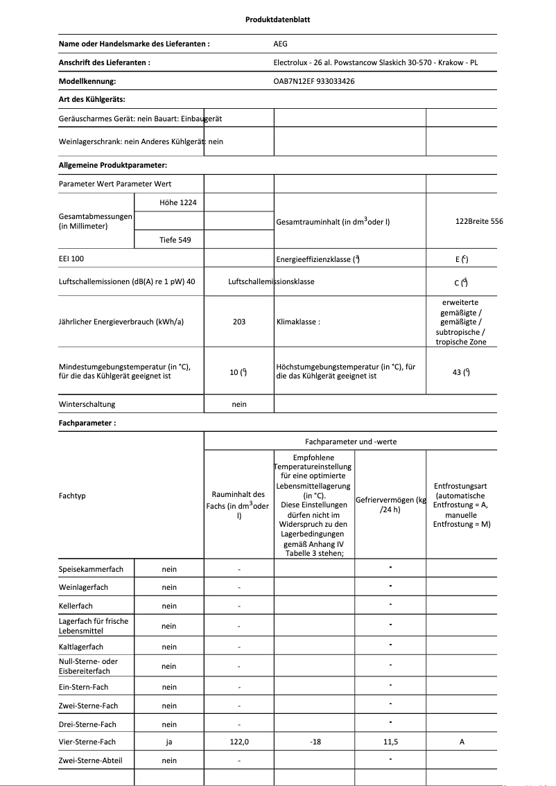 Page 1 de la notice Fiche technique AEG OAB7N12EF