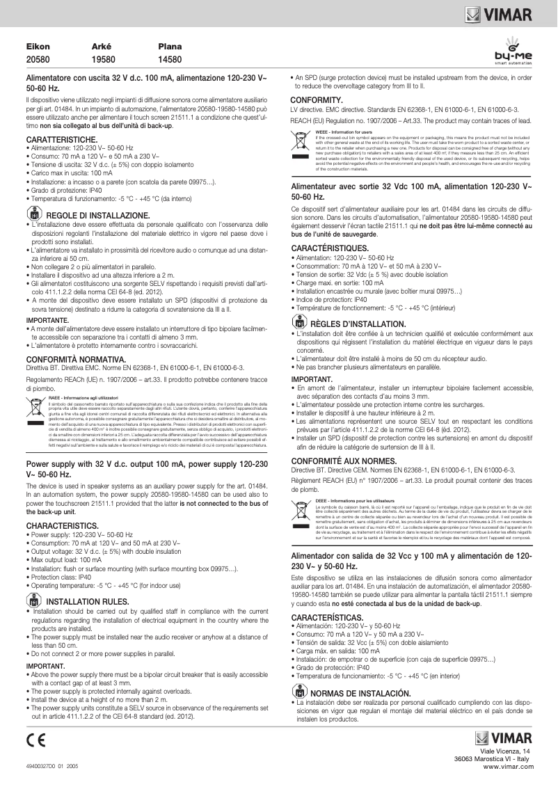 Page n°1 - Manuel utilisateur Vimar 14580.SL