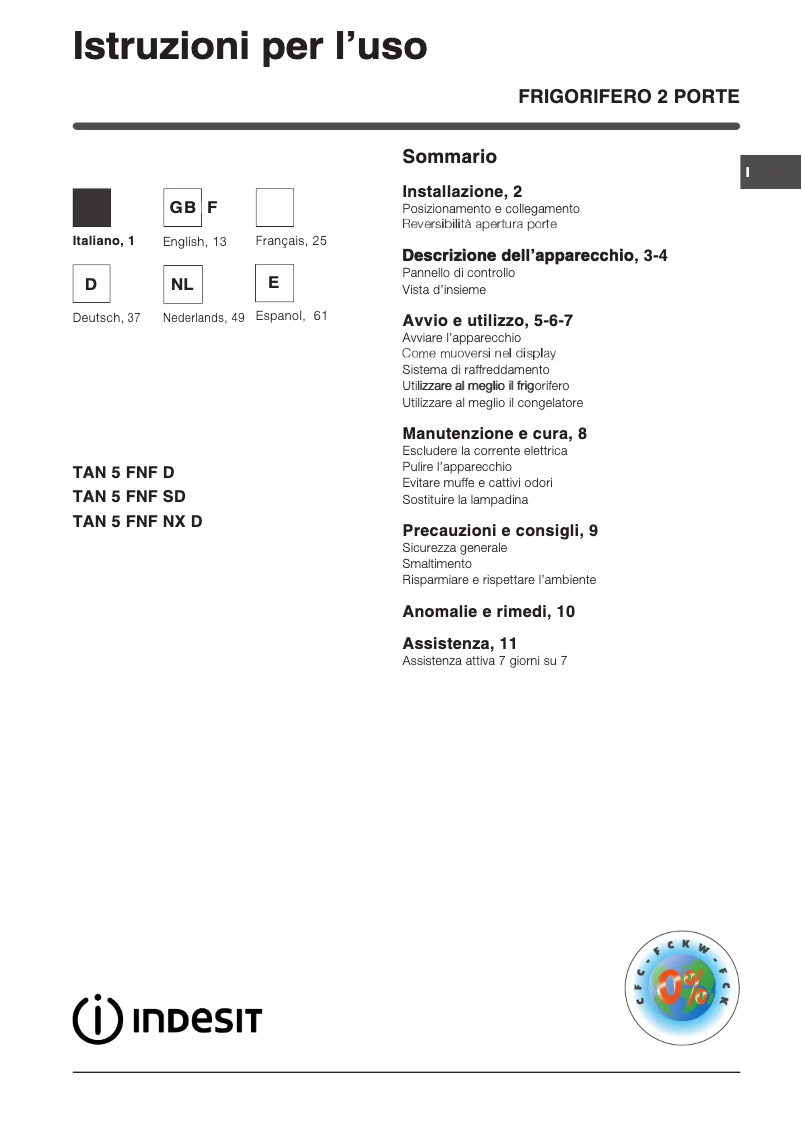 Page 1 de la notice Manuel utilisateur Indesit TAN 5 FNF NX D