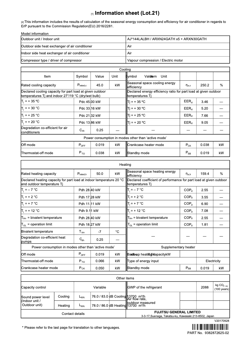 Page 1 de la notice Fiche technique Fujitsu Airstage AJY144LALBH