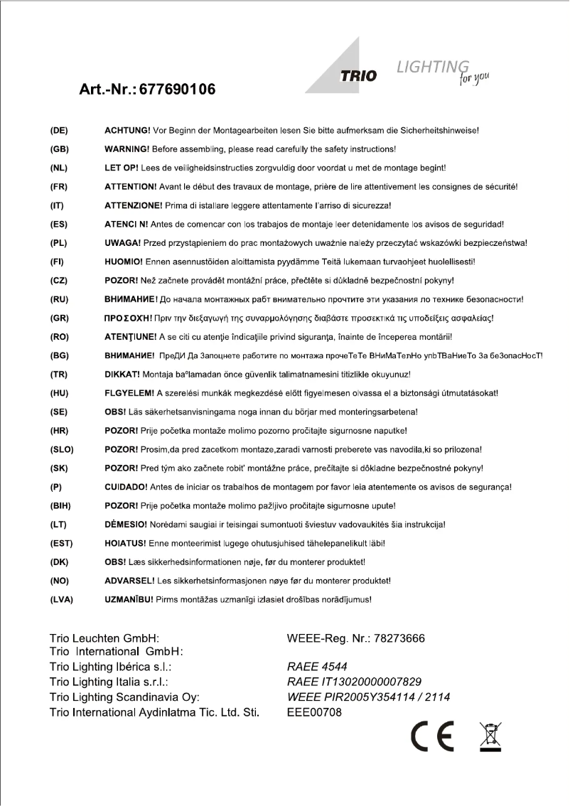 Page 1 de la notice Manuel utilisateur Trio Lighting Sapporo 677690106