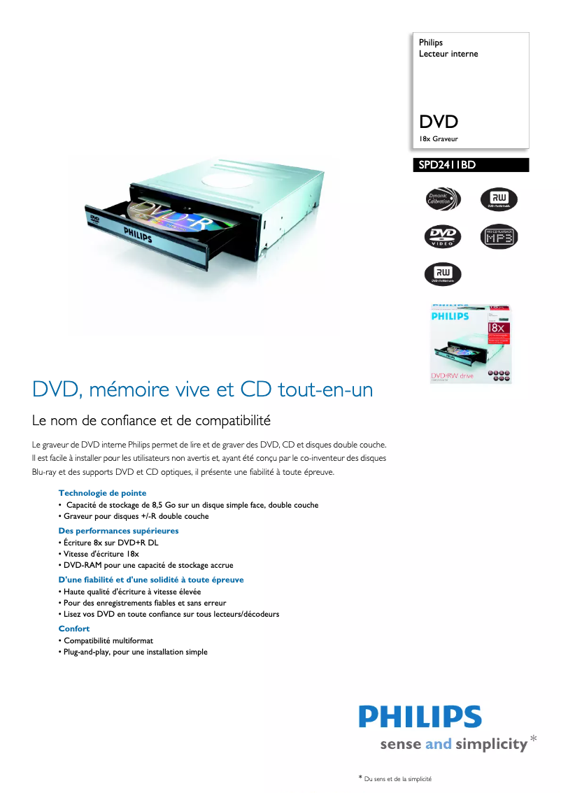 Page 1 de la notice Fiche technique Philips SPD2411BD