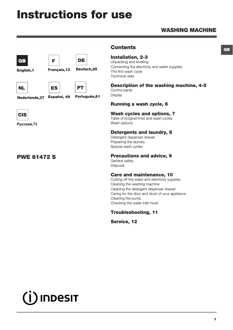 Página 1 del manual Manual de usuario Indesit PWE 81472 S