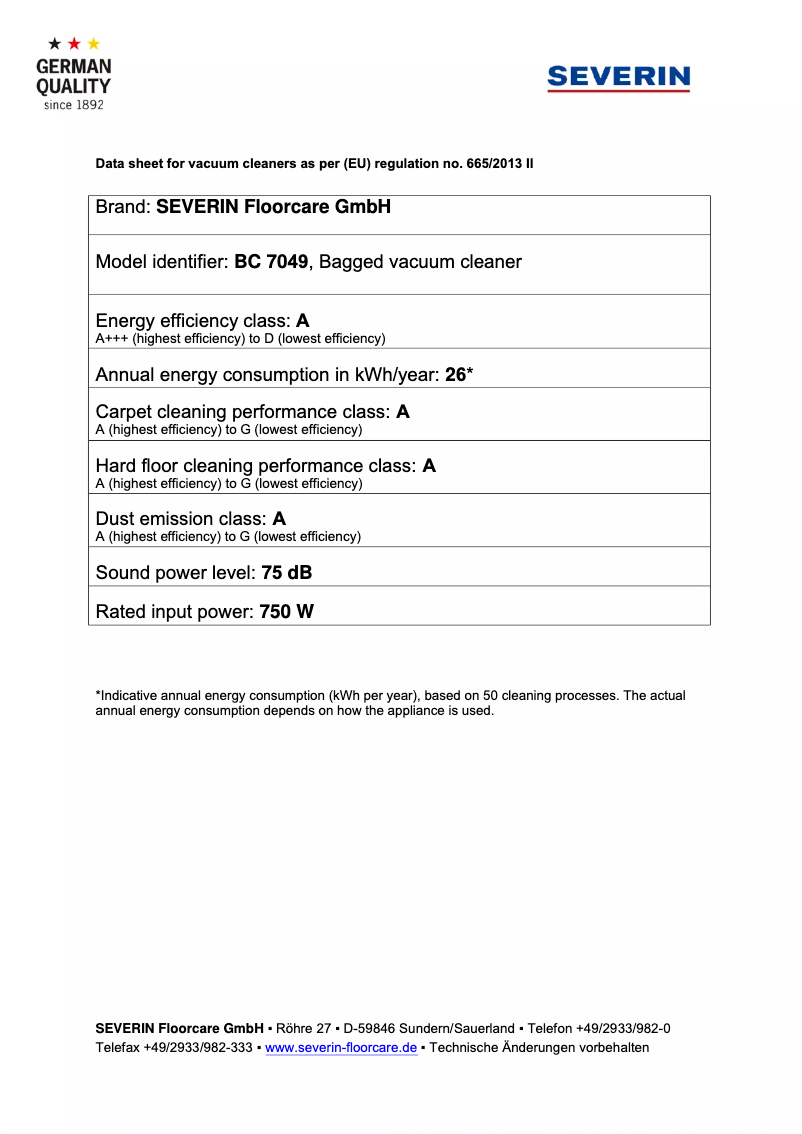 Page n°1 - Fiche technique Severin BC 7049