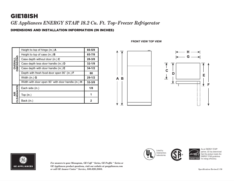 Página 1 del manual Ficha técnica GE GIE18ISHSS